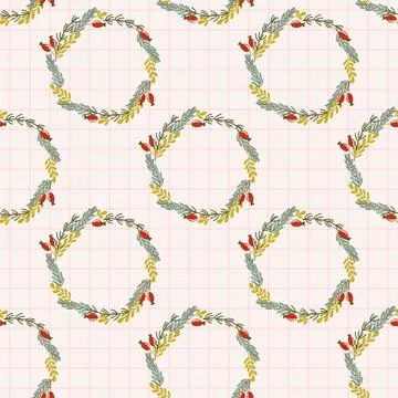 Christmas pattern with plant wreath on grid backdrop. Winter retro background. Stock Illustration