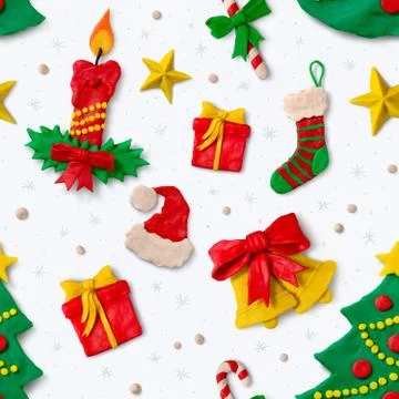 Christmas pattern with plasticine figures Stock Photos