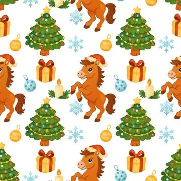 Christmas pattern with pony tree gifts and snowflakes Stock Illustration