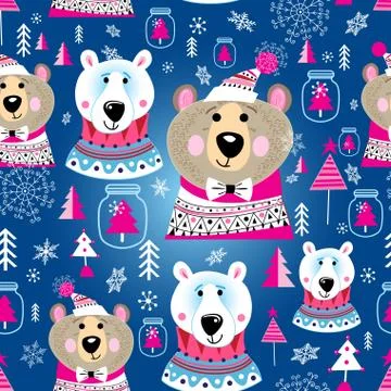 Christmas pattern with portraits of bears Stock Illustration