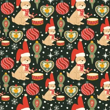 Christmas pattern with rabbit and ornaments. Stock Illustration