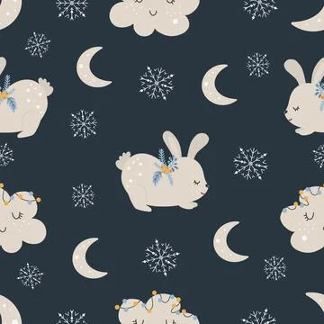Christmas pattern with rabbit scandinavian hand drawn seamless pattern. New Y Stock Illustration