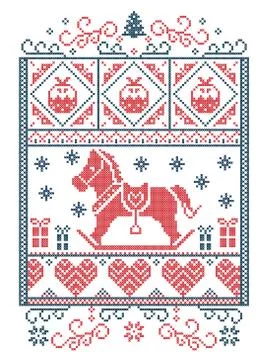 Christmas pattern in rectangle frame with rocking horse Stock Illustration
