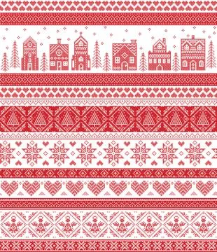 Christmas pattern in red and white including  winter wonderland village, church Stock Illustration