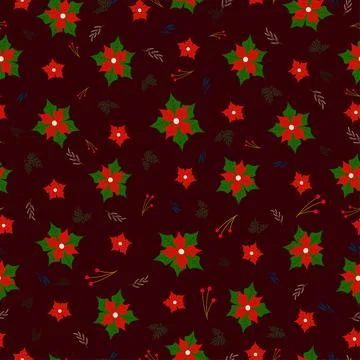 Christmas pattern with red flowers and berries on a burgundy background. Illustrazione stock