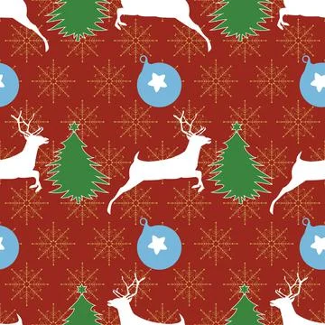 Christmas pattern with reindeer, tree and ornaments Stock Illustration