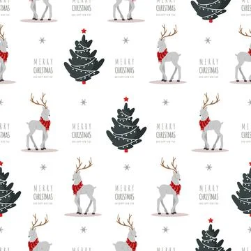 Christmas pattern with reindeers and trees. Cute deers with antlers and scarves Illustrazione stock