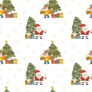 Christmas pattern with santa and evergreen tree with gifts on white background. Stock-Illustration