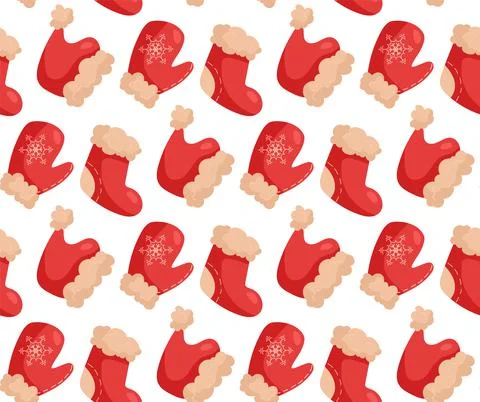 Christmas pattern Santa Claus hat, red sock and mittens with a snowflake..Vector Illustrazione stock