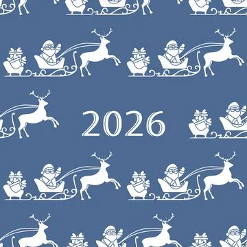 Christmas pattern with Santa, gift sleighs with reindeer on blue, includes .. Stock Illustration