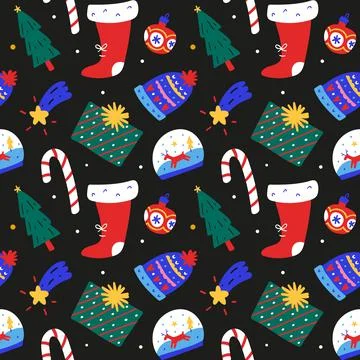 Christmas pattern, santa stocking, christmas gifts, candy canes, hand drawn Stock Illustration