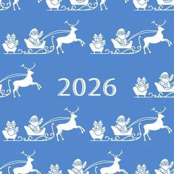 Christmas pattern with Santas sleigh and reindeer on blue background, 2026 .. Stock Illustration