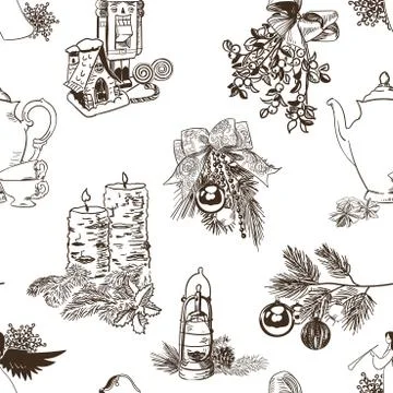 Christmas pattern sketch drawn seamless line Stock Illustration