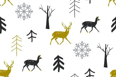 Christmas pattern with snowflakes trees and deer. New Year s Christmas texture. Stock Illustration