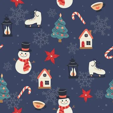 Christmas pattern with snowmans, christmas tree, houses, lanterns. Festive Stock Illustration