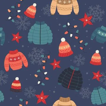 Christmas pattern with sweaters, winter coats, hats and lights. Festive Illustration