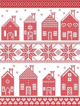 Christmas pattern with  Swedish style winter houses Stock Illustration