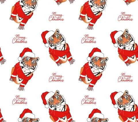 Christmas pattern with tiger in santa hat and lettering Stock Illustration