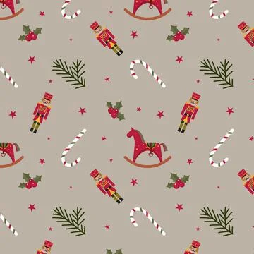 Christmas pattern with toy horse candy canes soldier nutcracker spruce branches Stock Illustration