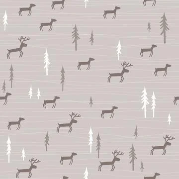 Christmas pattern with trees and deer. Happy New Year nature forest seamless Stock Illustration