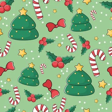Christmas pattern with trees, candy canes, and holly berries, Vector Stock Illustration