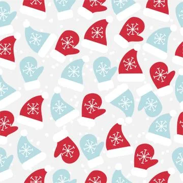 Christmas pattern warm hats and mittens red and blue Stock Illustration