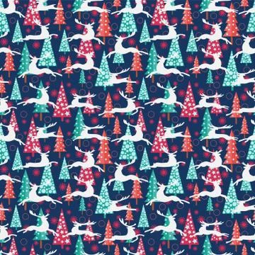 Christmas pattern - Xmas trees, deers and snowflakes. Illustrazione stock