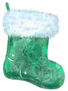 Christmas patterned green sock with white fur. Watercolor illustration. Isola Stock Illustration