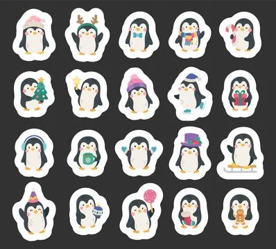 Christmas penguin character set featuring Stock Illustration