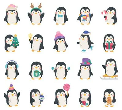 Christmas penguin character set featuring Stock Illustration