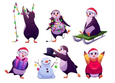 Christmas penguin, cute animal isolated vector set Stock Illustration