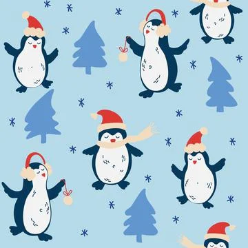 Christmas Penguins seamless pattern. cute funny penguins, different clothing, Stock Illustration