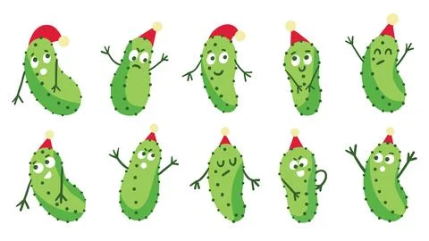 Christmas Pickle Character Set with Cute Gherkins Wearing Santa Hats Stock Illustration