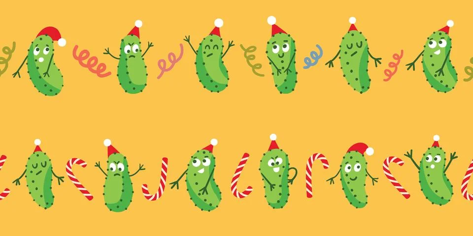 Christmas Pickle Seamless Border Pattern with Cute Gherkins, Candy Canes Stock Illustration