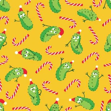 Christmas Pickle Seamless Pattern with Candy Canes Illustrazione stock