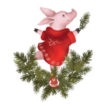 Christmas pig in a sweater, a symbol of the 2019 new year. Isolated on white Stock Illustration
