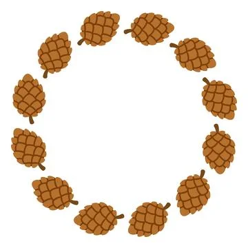 Christmas Pine Cone Wreath Circular Frame Hand Drawn Flat Style Stock Illustration