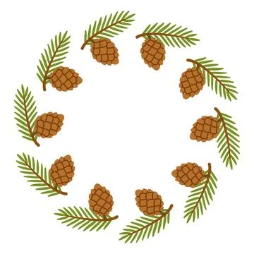 Christmas Pine Cone Wreath Circular Frame Hand Drawn Flat Style Vector Stock Illustration