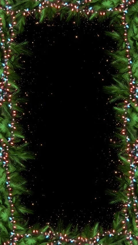 Christmas Pine Frame with Glowing String Lights and Black Copy Space Stock Footage 342620533