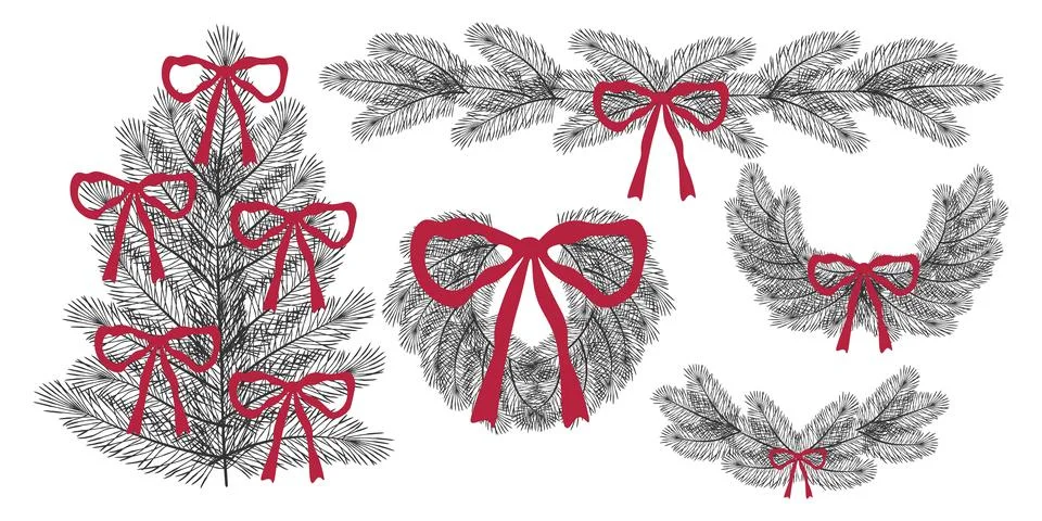 Christmas pine set, decorated with red bows. Festive seasonal wreaths, bord.. Stock Illustration