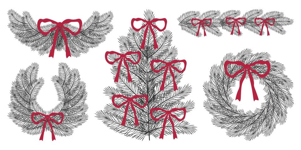 Christmas pine set, decorated with red bows. Festive seasonal wreaths, bord.. Stock Illustration