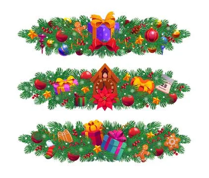 Christmas pine tree branches with decorations Stock Illustration