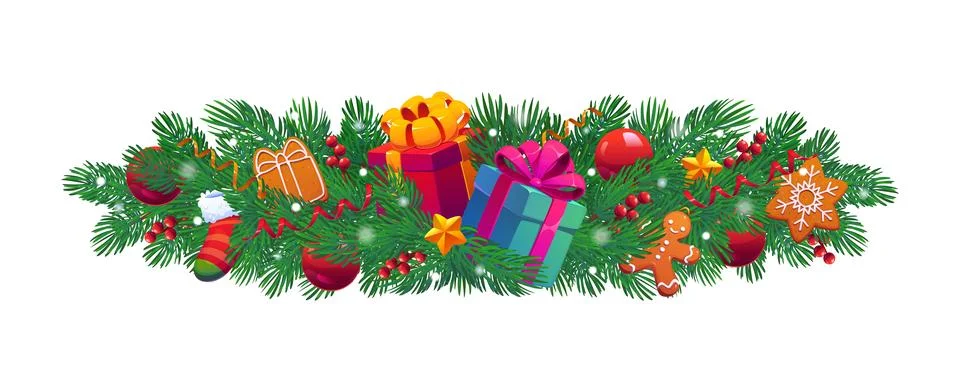 Christmas pine tree branches with decorations Illustration