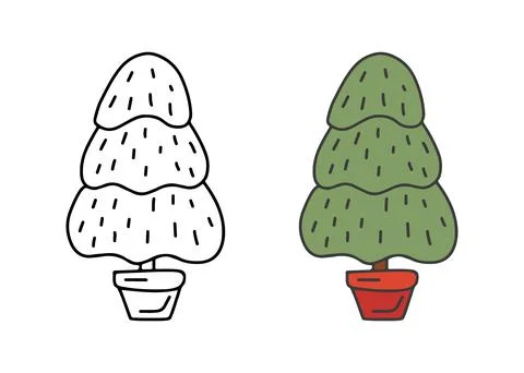 Christmas pine tree in pot, doodle style. Sketch for coloring and tree fir green Stock Illustration