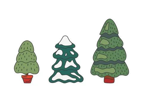 Christmas pine tree set, doodle style. Sketch tree fir green color. Vector Stock Illustration