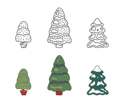 Christmas pine tree set, doodle style. Sketch for coloring and tree fir green Stock Illustration