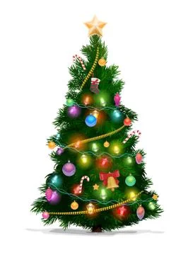 Christmas pine tree with star, lights and balls Stock Illustration
