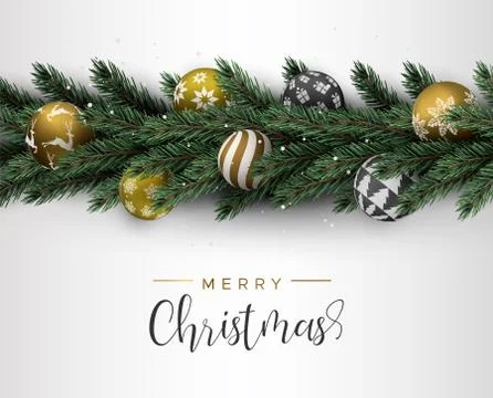 Christmas pine tree wreath and gold ornament card Stock Illustration