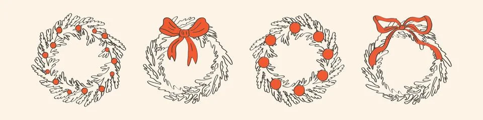 Christmas pine wreath frames set with red bows and berries. Hand drawn line.. Stock Illustration