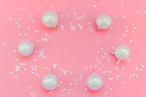 Christmas pink flat lay pattern with pearl balls Stock Photos